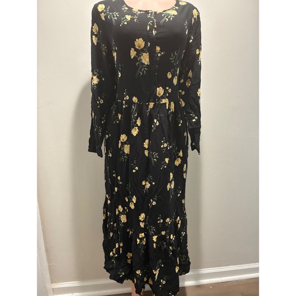Old Navy Dresses & Skirts - Old Navy Maxi Dress Womens XL Black Yellow Floral Excellent Long Sleeve